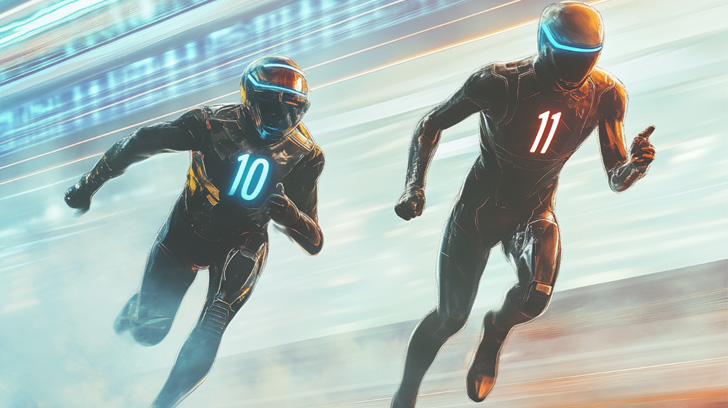 Two racers representing windows 10 and windows 11