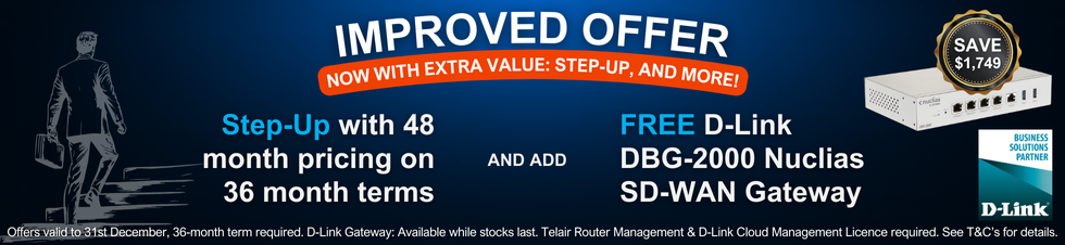 Promotional banner for Telair's improved Telstra Fibre offer, featuring 'Step-Up' with 48-month pricing on a 36-month term and a free D-Link DBG-2000 Nuclias SD-WAN Gateway valued at $1,749. The offer includes cloud-managed router benefits and is valid until 31st December. Terms and conditions apply.