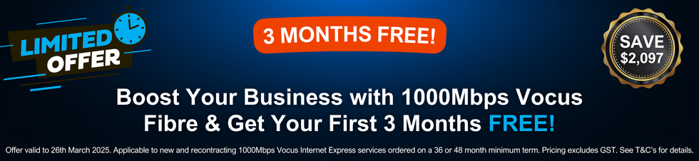 Limited Offer banner featuring '3 Months Free' promotion for 1000Mbps Vocus Fibre services. Highlights include a $2,097 savings badge and promotional details.