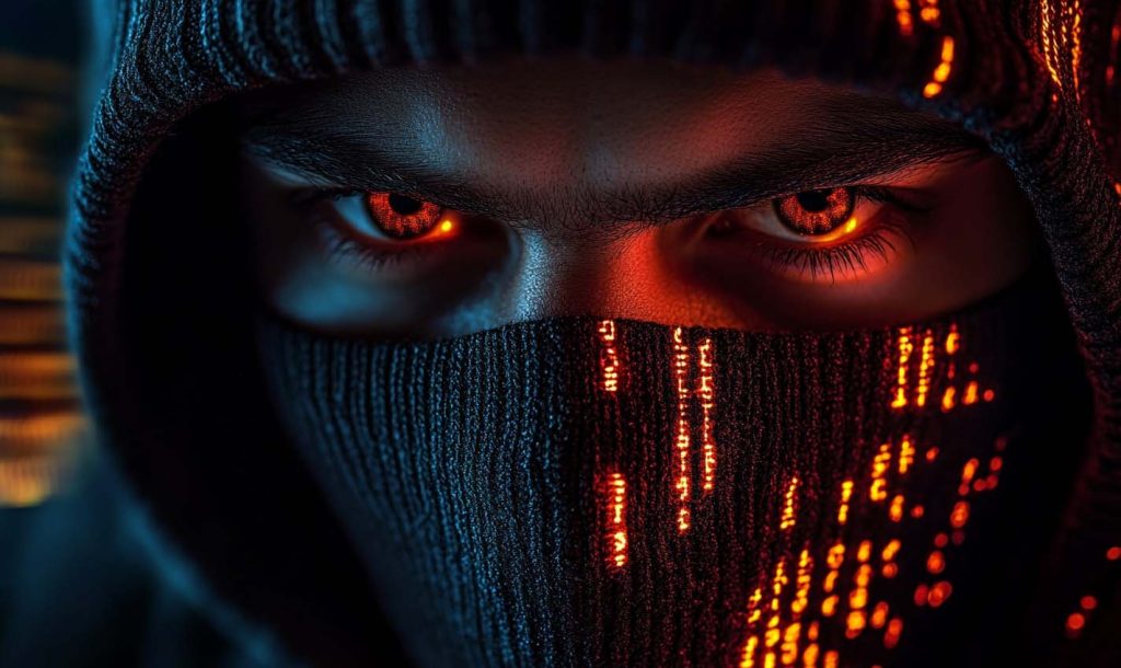 Close-up of a masked hacker with intense glowing orange eyes, illuminated by red digital code reflections, symbolising cyber threats and advanced hacking techniques.